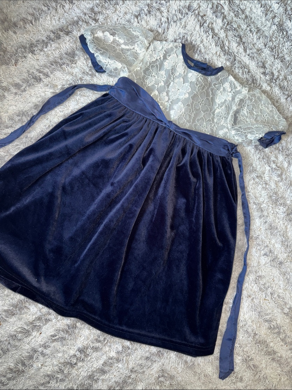 Size 3 1990s teddys choice Navy Velvet and White Lace bodice Dress with Sash